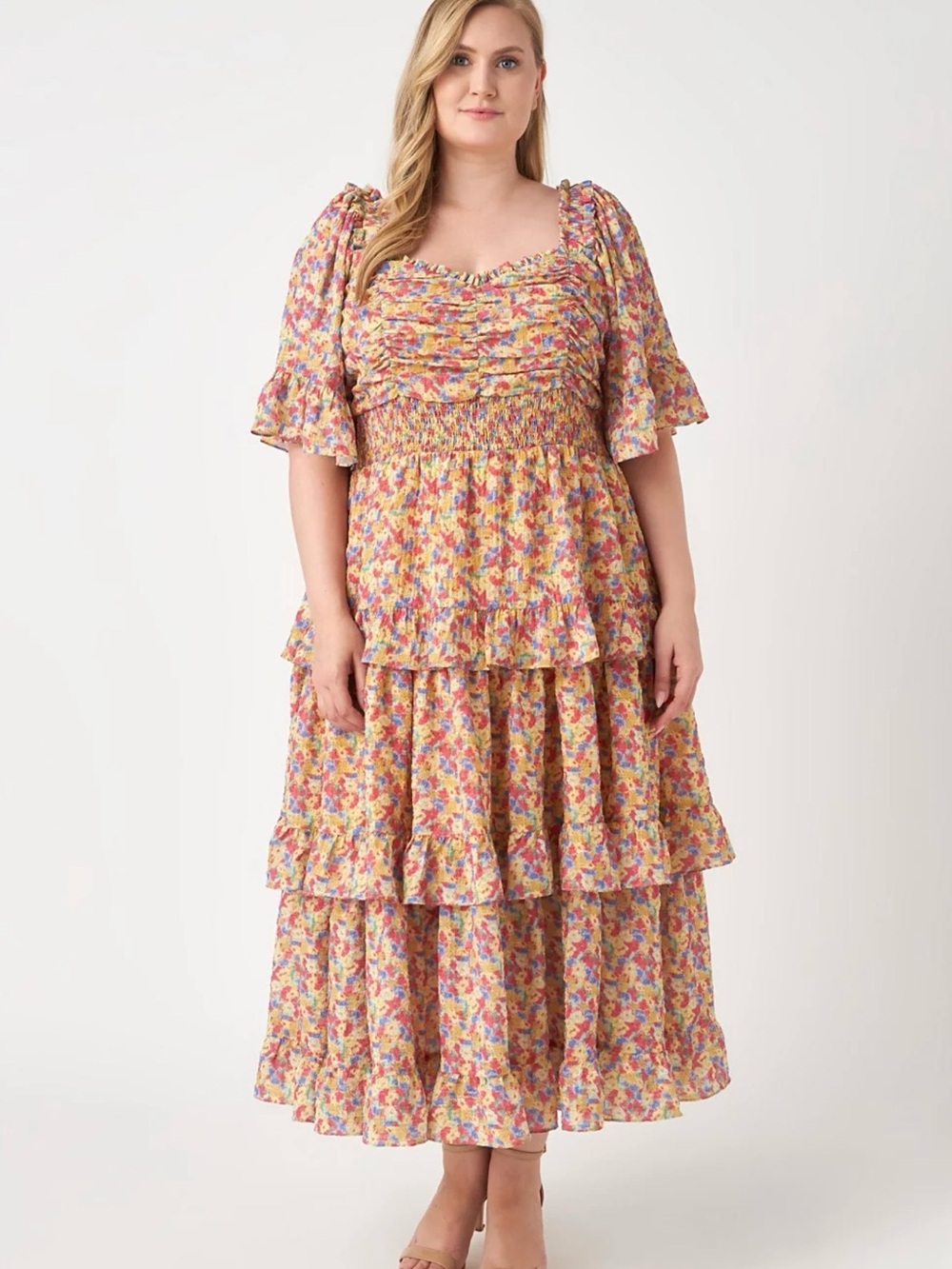 English Factory Plus SZ 3X Floral Smocked Ruffle Tiered Maxi Dress Ruffle Sleeve - Picture 1 of 10